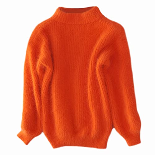 YM YOUMU Frauen Faux Mohair Pelz Sweatshirt Flauschiger Pullover Zur Seite Fahren Rollkragen Hauchhülse Warm (Orange, Einheitsgröße) von YM YOUMU