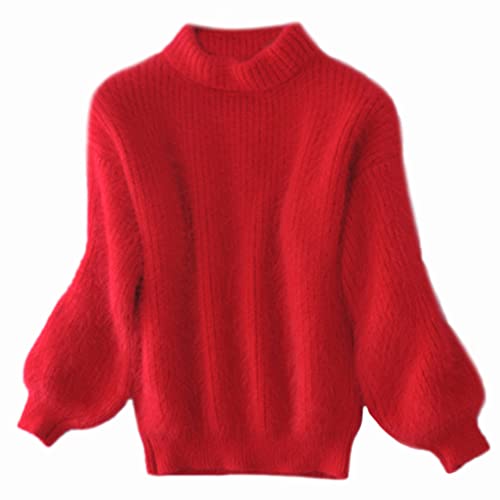 YM YOUMU Frauen Faux Mohair Pelz Sweatshirt Flauschiger Pullover Zur Seite Fahren Rollkragen Hauchhülse Warm (Rot, Einheitsgröße) von YM YOUMU