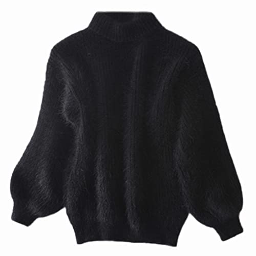 YM YOUMU Frauen Faux Mohair Pelz Sweatshirt Flauschiger Pullover Zur Seite Fahren Rollkragen Hauchhülse Warm (Schwarz, Einheitsgröße) von YM YOUMU