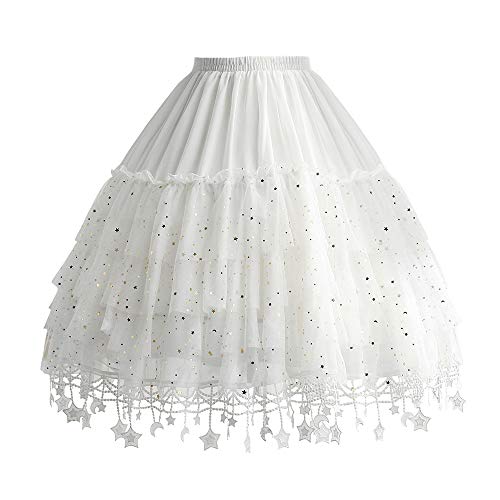 YM YOUMU Frauen Petticoat Unterrock mit Shinny Dot Stars Erwachsene Tutu Tüll Mesh Rock für Crinoline Lolita Kleid, weiß, One Size von YM YOUMU