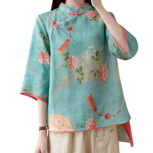 YM YOUMU Frauen Sommer 3/4 Ärmel Chinesische Bluse Top Traditionelle Mandarin Kragen Ethnische Baumwolle Leinen Qipao Shirt, blau, Large von YM YOUMU