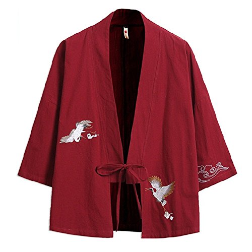YM YOUMU Herren Kimono Strickjacke Japan Kimono Frühling Sommer Jacke Yukata Mantel Tops (Typ 2-Rot, X-Large) von YM YOUMU