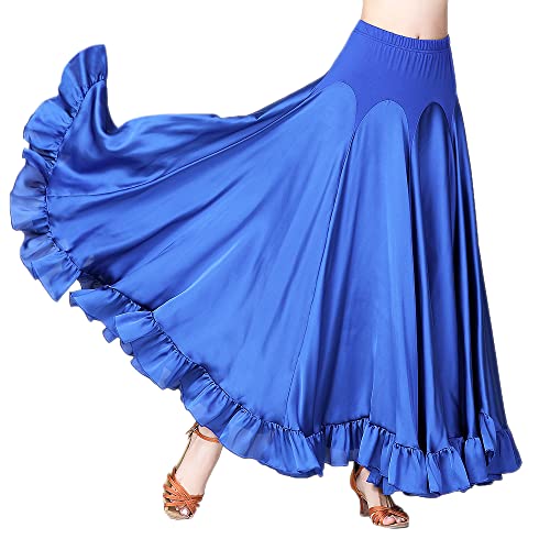 YM YOUMU Langer Rock für Damen, elastischer Bund, Satin, Rüschen, für spanische Flamenco, Bauch, Folklorico, -Tanz, blau, Mittel von YM YOUMU