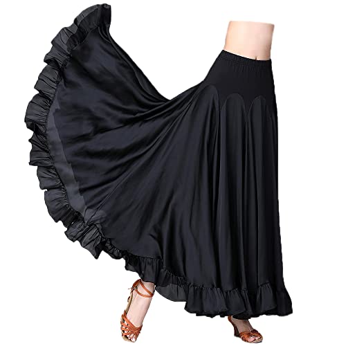 YM YOUMU Langer Rock für Damen, elastischer Bund, Satin, Rüschen, für spanische Flamenco, Bauch, Folklorico, -Tanz, schwarz, Mittel von YM YOUMU