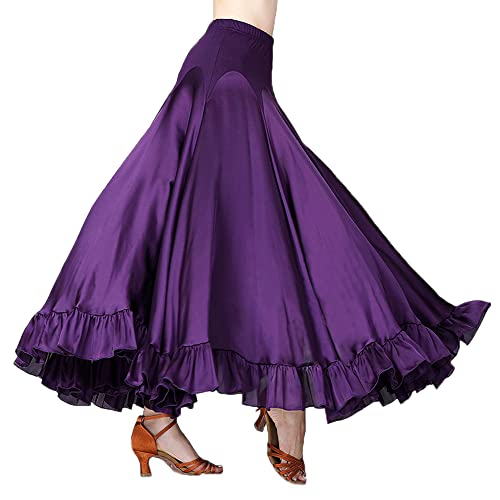 YM YOUMU Langer Rock für Damen, elastischer Bund, Satin, Rüschen, für spanische Flamenco, Bauch, Folklorico, -Tanz, violett, Groß von YM YOUMU