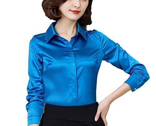 YOUMU Damen Satin Seide Langarm Button-down Hemd Formelle Arbeit Seidige Bluse Top (Blau, EU XS(Etikett M)/ Büste: 35,43 ") von YM YOUMU