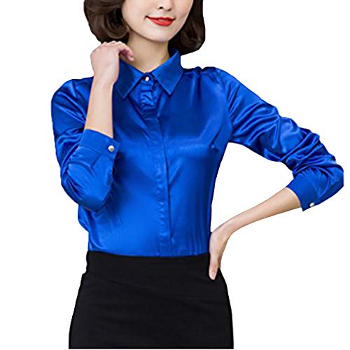 YOUMU Damen Satin Seide Langarm Button-down Hemd Formelle Arbeit Seidige Bluse Top (Saphir, EU L(Etikett 2XL)/ Büste: 40,16 ") von YM YOUMU