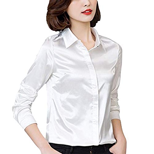 YOUMU Damen Satin Seide Langarm Button-down Hemd Formelle Arbeit Seidige Bluse Top (Weiß, EU L(Etikett 2XL)/ Büste: 40,16 ") von YM YOUMU
