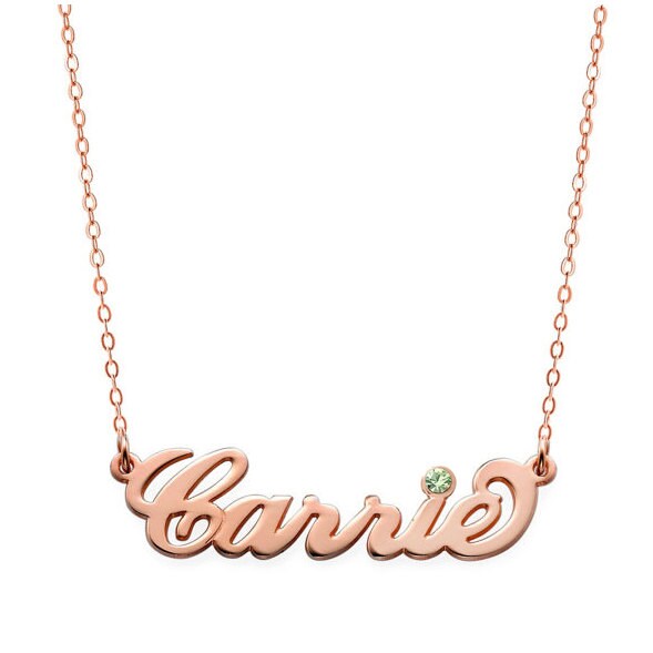 Birthstones Carrie Style Namensschild-Halskette Wählen Sie Einen Beliebigen Namen Zum Personalisieren in 18K Rose Vergoldeten 925 Sterlingsilber von YMCpersonalization