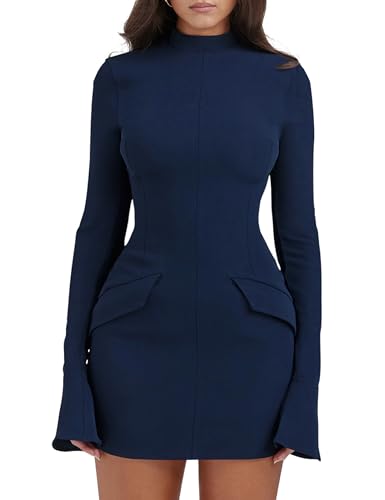 YMDUCH Damen Langarm Mock Rollkragen Bodycon Mini Tank Kurz Partykleid, Marineblau, Klein von YMDUCH