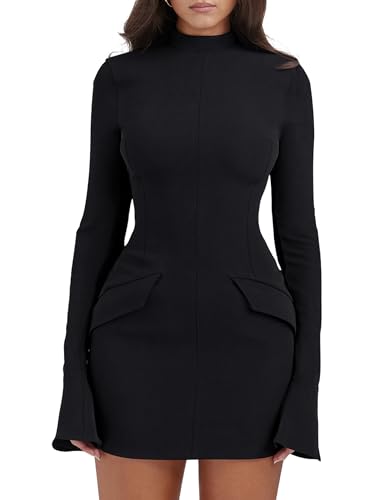 YMDUCH Damen Langarm Mock Rollkragen Bodycon Mini Tank Kurz Partykleid, Schwarz, Groß von YMDUCH