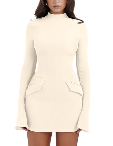 YMDUCH Damen Langarm Mock Rollkragen Bodycon Mini Tank Short Partykleid, Beige, Klein von YMDUCH