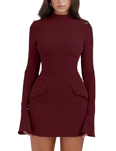 YMDUCH Damen Langarm Mock Rollkragen Bodycon Mini Tank Short Partykleid, Weinrot, Klein von YMDUCH