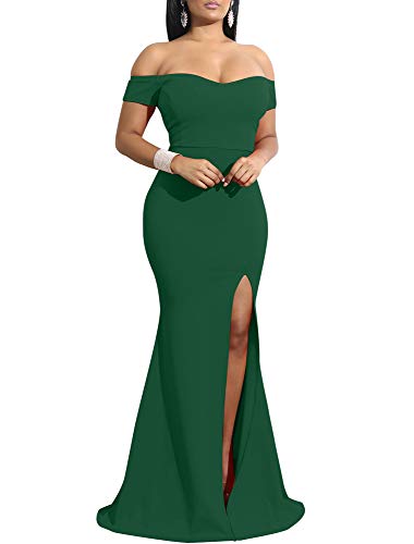 YMDUCH Damen Schulterfrei High Split Lange Formale Party Kleid Abendkleid, Dunkelgrün, X-Groß von YMDUCH