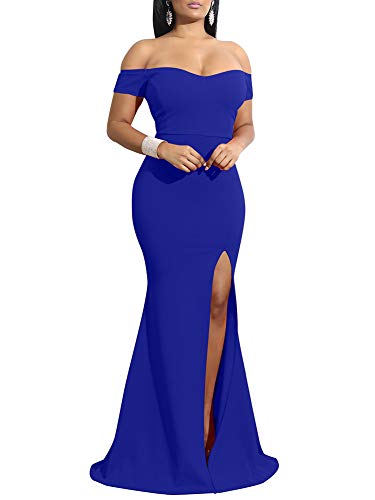 YMDUCH Damen Schulterfrei High Split Lange Formale Party Kleid Abendkleid, Königsblau, Klein von YMDUCH