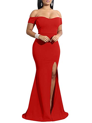 YMDUCH Damen Schulterfrei High Split Lange Formale Party Kleid Abendkleid, Rot/Ausflug, einfarbig (Getaway Solids), XX-Large von YMDUCH