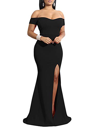 YMDUCH Damen Schulterfrei High Split Lange Formale Party Kleid Abendkleid, Schwarz, Mittel von YMDUCH