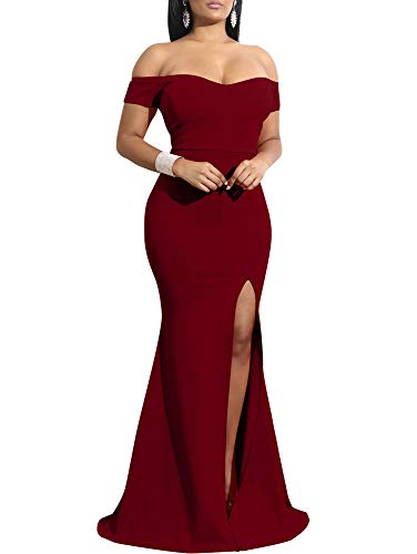 YMDUCH Damen Schulterfrei High Split Lange Formale Party Kleid Abendkleid, Weinrot, X-Groß von YMDUCH