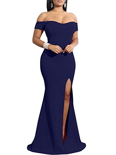 YMDUCH Partykleid für Damen, schulterfrei, hoch geschlitzt, lang, formell, Abendkleid, Marineblau, X-Groß von YMDUCH