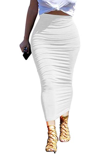 YMDUCH Damen Sexy Bodycon Hohe Taille Stretch Solide Arbeit Bleistift Röcke Kleid - Weiß - Klein von YMDUCH