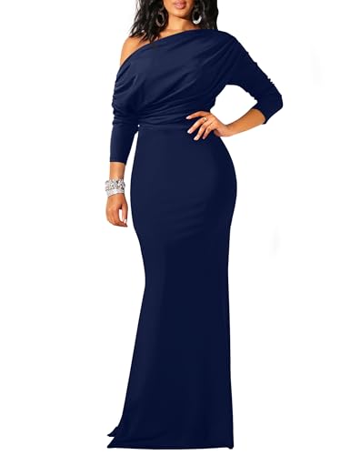 YMDUCH, elegantes, langärmeliges, schulterfreies, figurbetontes Damen-Abendkleid, Marineblau, Groß von YMDUCH