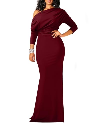 YMDUCH Damen Sexy Elegant Langarm Schulterfrei Bodycon Langes Abendkleid Formal Kleid, Weinrot, Groß von YMDUCH