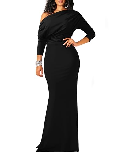 YMDUCH Damen sexy, Elegantes, langärmeliges, Schulterfreies Abendkleid, Bodycon-Lang, formelles Kleid, Schwarz, X-Groß von YMDUCH