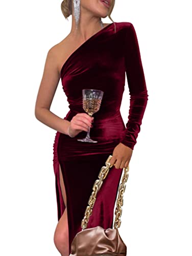 YMDUCH Damen Sexy Elegant One Shoulder Langarm Samt Geraffter Schlitz Party Langes Kleid, Weinrot, Mittel YMDUCH Damen Sexy Elegant One Shoulder Langarm Samt Geraffter Schlitz Party Langes Kleid, Weinrot, Mittel von YMDUCH