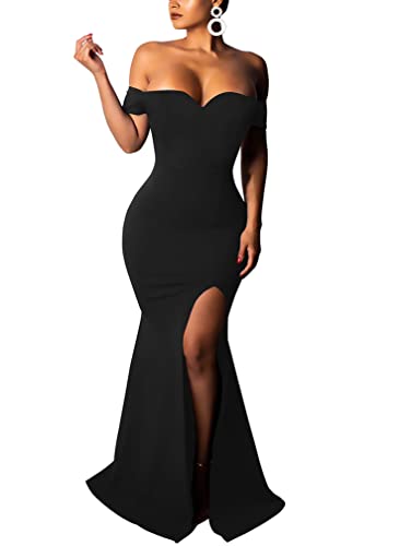 YMDUCH Damen Sexy Schulterfrei V-Ausschnitt Hoch Split Maxi Elegant Party Abendkleid, schwarz, Mittel von YMDUCH