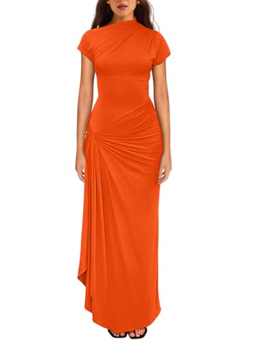 YMDUCH Lässiges Damenkleid mit kurzen Ärmeln, U-Boot-Ausschnitt, gerüscht, hoch geteilt, figurbetont, langes Partykleid, Orange/Abendrot im Zickzackmuster (Sunset Chevron), Mittel von YMDUCH