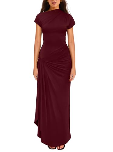 YMDUCH Lässiges Damenkleid mit kurzen Ärmeln, U-Boot-Ausschnitt, gerüscht, hoch geteilt, figurbetont, langes Partykleid, Weinrot, X-Groß von YMDUCH