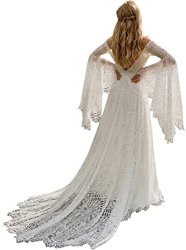 Damen Boho Hochzeitskleider für Braut mit Langarm Übergröße Spitze Strand Brautkleider Bohemian Hochzeitskleider, elfenbeinfarben, 36 von YMFFW