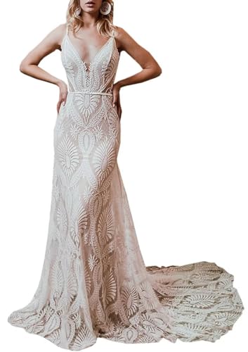 Damen Brautkleider Boho für Braut mit langen Ärmeln Übergröße Spitze Strand Brautkleider Böhmische Hochzeitskleider, Elfenbein1, 38 von YMFFW