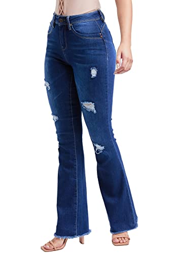 YMI Damen Junior Wannabettabutt Repreve High Rise Super Flare Jeans mit ausgefranstem Saum - Blau - 37 von YMI