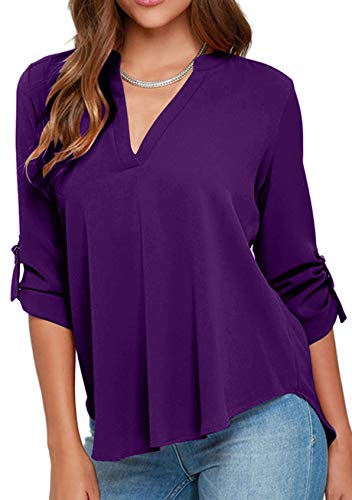 Yming Frauen V-Ausschnitt Chiffon Shirt mit Plissee Saum Casual Loose Fit Shirt Tops Violett L von Yming