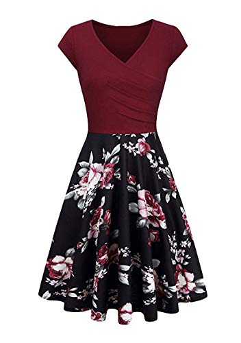 Yming Damen Casual Flügelärmel Kleid V-Ausschnitt Kleid Blumen Swing Kleid Blumen/Weinrot M von Yming