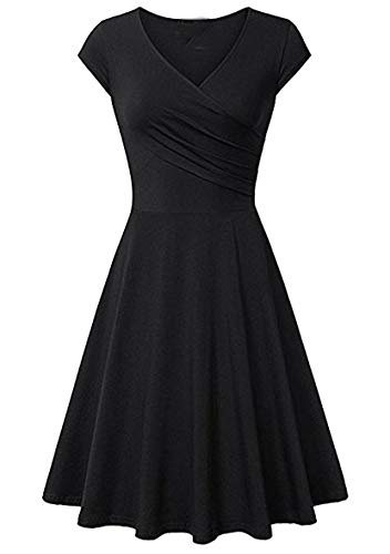 Yming Damen Casual Kurzarm Kleid Vintage Swing Kleid V-Ausschnitt Kleid Schwarz S von Yming