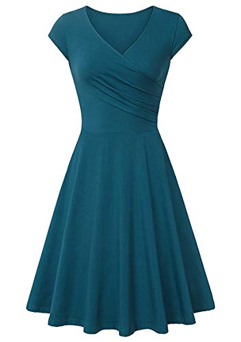 Yming Damen Casual Kurzarm Kleid Vintage Swing Kleid V-Ausschnitt Kleid Türkis 3XL von Yming