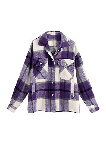 Yming Damen Casual Plaid Hemd Vintage Langarm Holzfällerhemd Button-down Karohemd F-Violett XXL von Yming