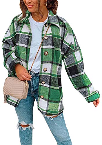 Yming Damen Casual Plaid Jacke Mantel Casual Plüsch Fleece Jacke Langarm Hemdbluse Grün XL von Yming