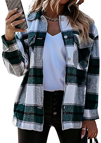 Yming Damen Casual Plaid Jacke Plüsch Fleece Jacke Langarm Button-down Holzfällerjacke Grün XXS von Yming