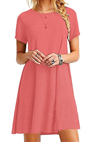 Yming Damen Casual Rundhals Kleid Kurzarm Große Größe Kleid Mini Sommerkleid Langes Shirt Koralle XXXXL/DE 48 von Yming