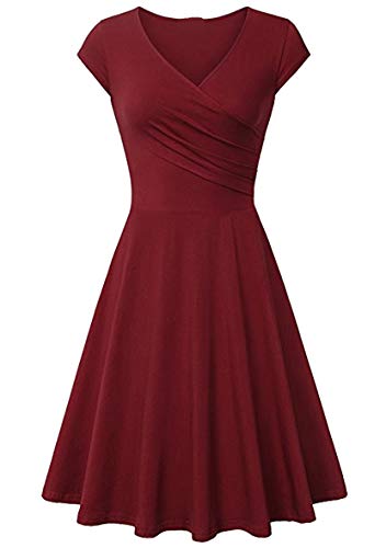 Yming Damen Einfarbig Cocktail Kleid Vintage Sommerkleid Kurzarm Kleid Bordeaux XS von Yming