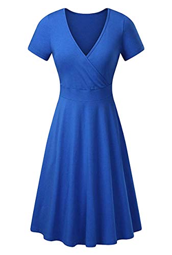 Yming Damen Einfarbig Kurzarm Kleid V-Ausschnitt Kleid Casual Knielang Kleid Blau XL von Yming