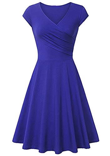 Yming Damen Einfarbig V-Ausschnitt Kleid Vintage Skater Kleid Kurzarm Kleid Blau 3XL von Yming