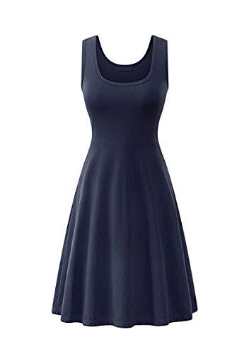 Yming Damen Elegant Rundhals Kleid Sommerkleid Ärmellos Midikleid Marineblau M von Yming