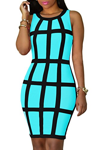 Yming Damen Elegante Knielang Kleid Figurbetont Sommerkleid Festliches Partykleid Neon Blau XXL 44 von Yming