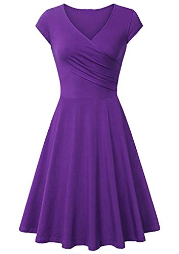 Yming Damen Elegantes Flügelärmel Kleid V-Ausschnitt Kleid Einfarbig Kleid Violett XS von Yming