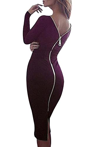 Yming Frauen Figurbetontes Partykleid Rückenfreies Midikleid Langarm Bleistiftkleid Einfärbig Kleid Burgundy L/DE 40-42 von Yming
