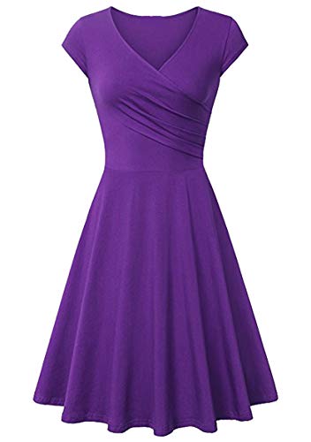 Yming Damen Flügelärmel Kleid Knielang Kleid Lässig V-Ausschnitt Kleid Violett XXL von Yming